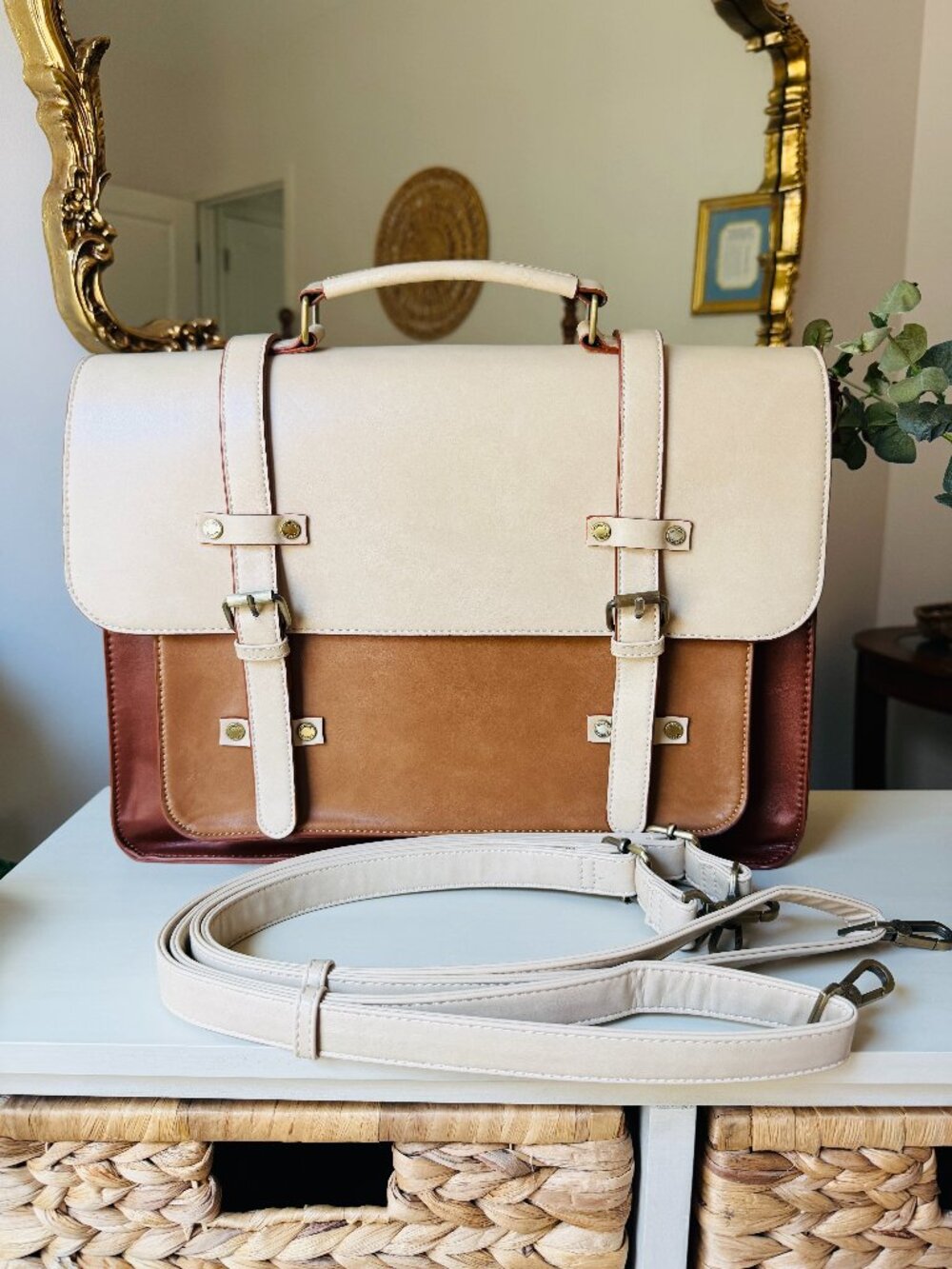ECOSUSI Vintage Convertible Briefcase Backpack Messenger Bag Brown Cream